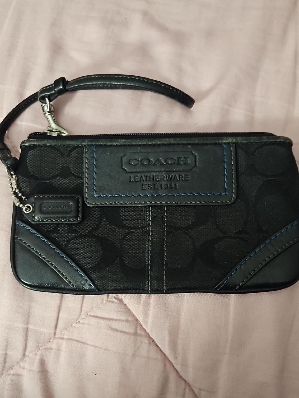Coach Black Signature Wristlet with Blue Stitching